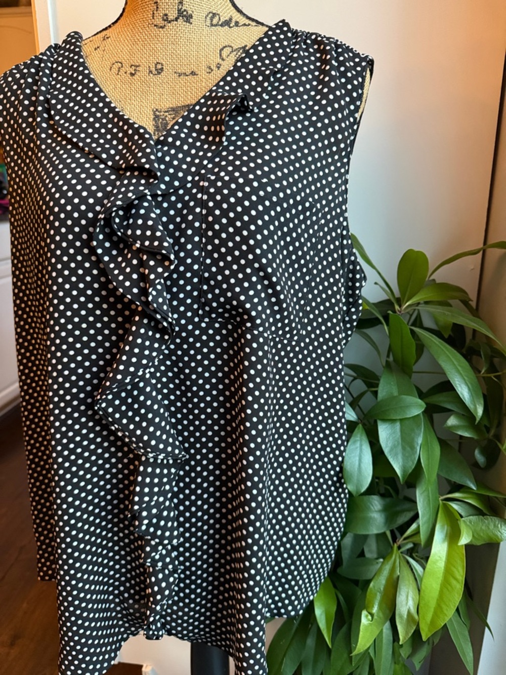 Zac & Rachel Black and White Polka Dot Ruffle Sleeveless Top